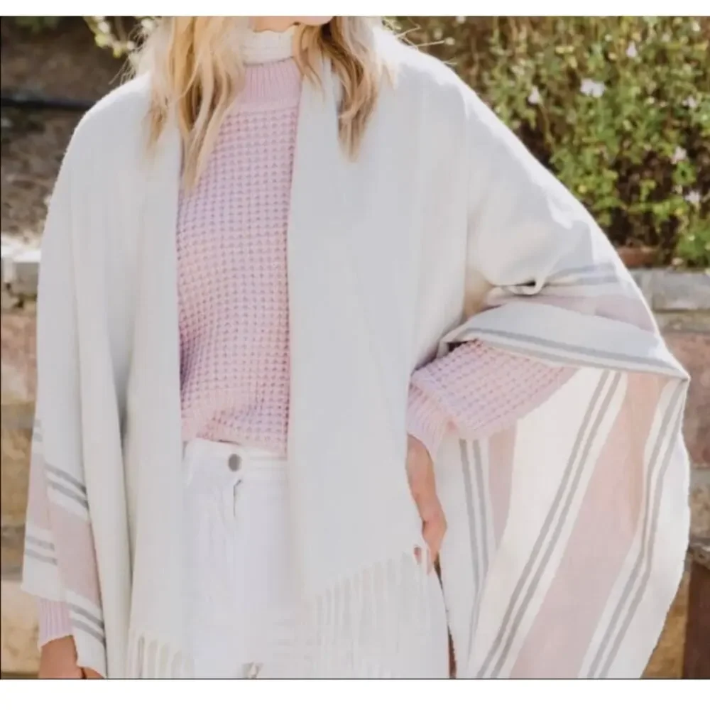 NWT Siizu Causebox blush pink/grey/cream stripe poncho scarf shawl, one size - Picture 6 of 12